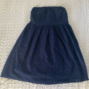 Navy eyelet overlap strapless dress